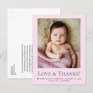 Liebe & Dankeschön Rosa Baby-Fotoankündigung Postkarte