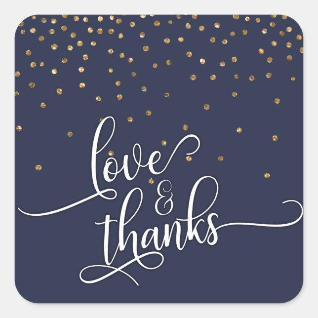 Liebe & Dankeschön-Script, Gold Confetti Midnight  Quadratischer Aufkleber (Vorderseite)