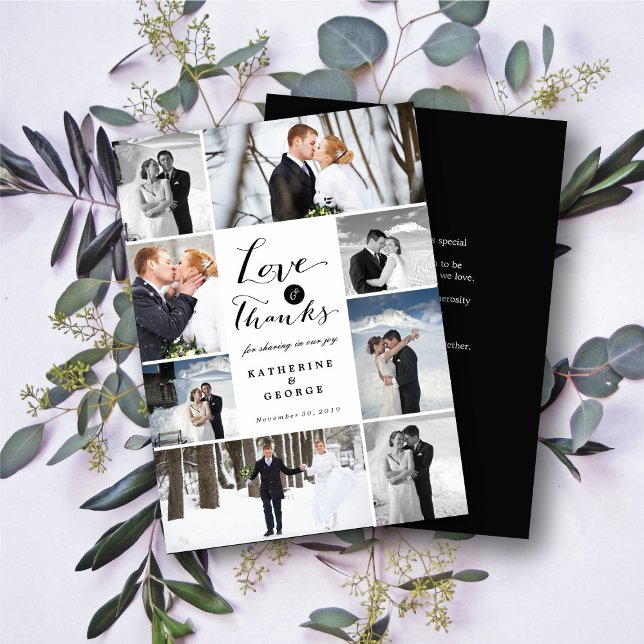 Liebe & Dankeschschrift 8-Foto-Hochzeitskollektion Dankeskarte (Love & Thanks Modern Script 8 Multi Photo Collage Wedding Thank You Card @ fatfatin_blue_knot)