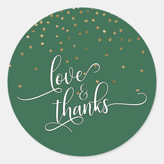 Liebe & Dankskript, Gold Confetti und Leaf Green Runder Aufkleber (Vorderseite)