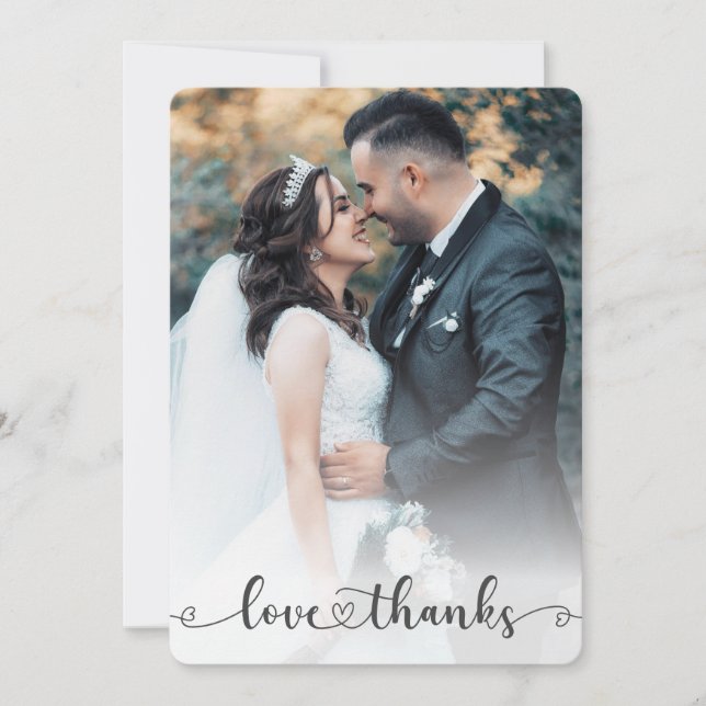 Liebe dankt Herzblut und Groom Hochzeit Foto Dankeskarte (Vorderseite)