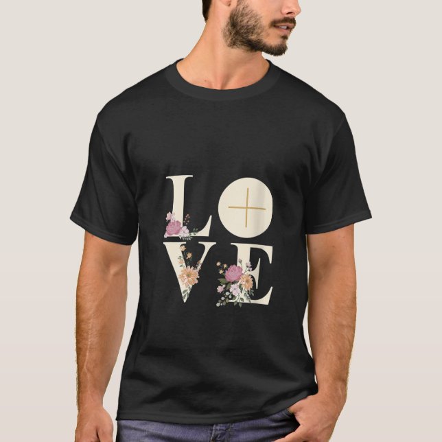 Liebe der Frauen Kreuz Blumeneucharist Liturgy Cat T-Shirt (Vorderseite)
