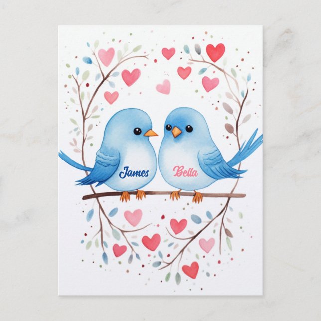 Liebe der Lovebirds: Personalisierte Valentintagsk Postkarte (Vorderseite)