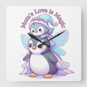 Liebe der Mama ist Magie Niedlich Fairy Penguin Quadratische Wanduhr