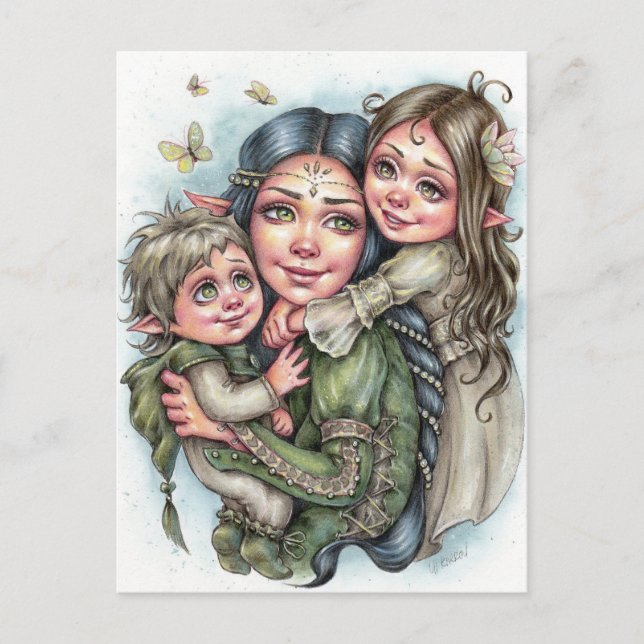 Liebe der Mutter Postcard Elf Familie Märchenhafte Postkarte (Vorderseite)