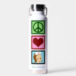 Liebe des Friedens Pflege Niedlicher Personalisier Trinkflasche<br><div class="desc">Schöne Peace Liebe Nurse Wasserflasche für Ihr Pflegepersonal oder Lieblings-LPN in einem Krankenhaus. Ein niedliches Friedenszeichen, ein Herz und ein hübscher RN in einem Retro-medizinischen Hut. Personalisieren Sie mit einem Namen in blau.</div>