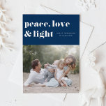 Liebe des Friedens und Foto der leichten Navy Folien Feiertagskarte<br><div class="desc">Frieden,  Liebe und Licht. | Senden Sie Ihre Hanukkah Grüße an Familie und Freunde mit dieser anpassbaren Hanukkah-Karte. Es zeichnet sich durch Retro-fett Typografie aus. Personalisieren Sie dieses Foto Hanukkah-Karte durch Hinzufügen Ihrer Daten. Diese Silber-Folie Hanukka-Karte ist in anderen Farben und Cardstock erhältlich. Matching-Elemente sind ebenfalls verfügbar.</div>