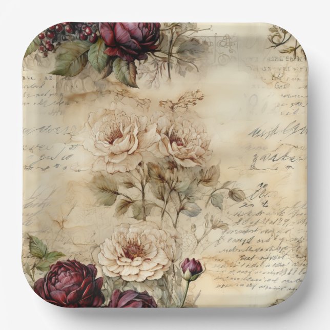 Liebe des Vintagen Pergaments mit Blume (7) Pappteller (Vorderseite)