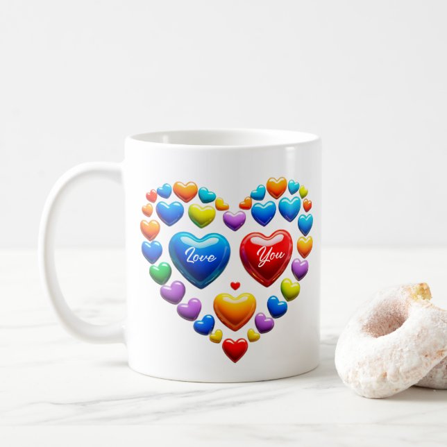 Liebe dich mit bunten Herzen Kaffeetasse (Mit Donut)