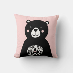 Liebe dich sehr schwarze Bär Schrift Rosa Kissen