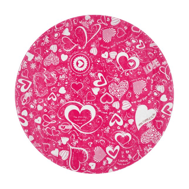 Liebe Doodles Pink-White Round Cutting Board Schneidebrett (Vorderseite)