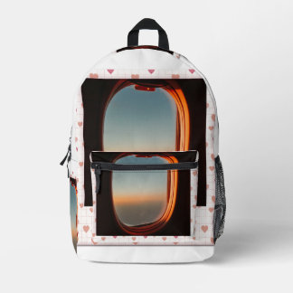 Liebe durch das Flugzeugfenster beim Sonnenunterga Bedruckter Rucksack
