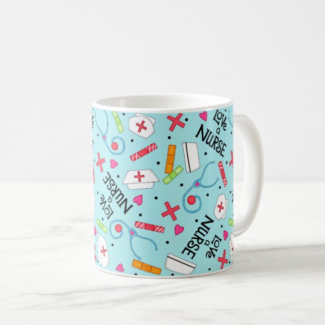 Liebe ein Krankenschwester-Kunst-Türkis-Blau mit Kaffeetasse (VorderseiteRechts)