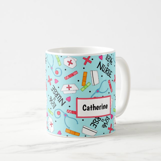 Liebe ein Krankenschwester-Kunst-Türkis-Blau-Name Kaffeetasse (VorderseiteRechts)