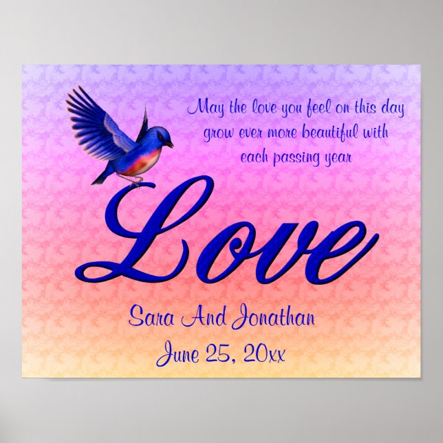 Liebe Elegant Bluebird Personalisiert Hochzeit Poster (Vorne)