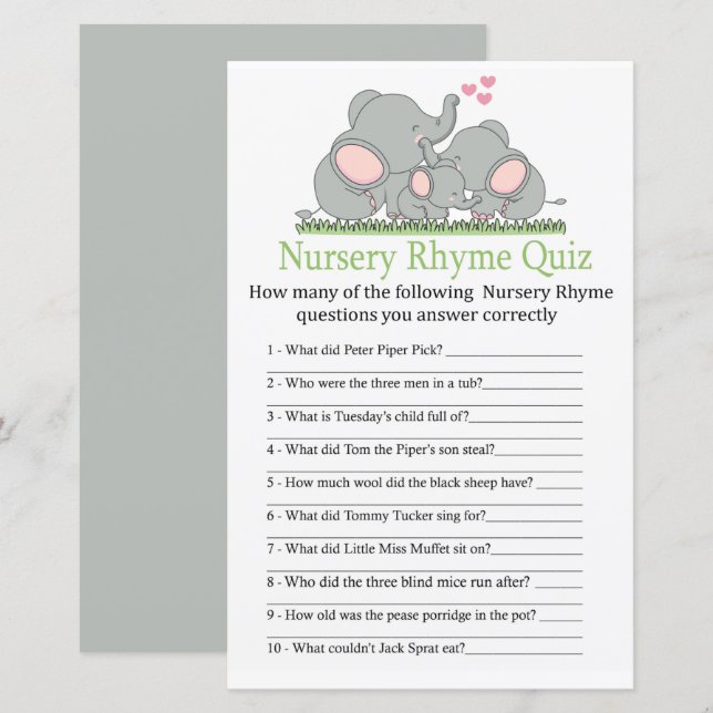 Liebe Elephants Kinderzimmer Rhyme Quiz Kinderdusc (Vorne/Hinten)