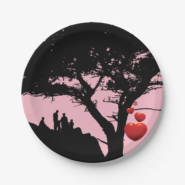 Liebe Familienbaum Herzbaum Rosa Schwarz Pappteller (Vorderseite)