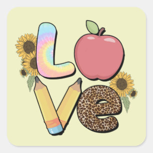 Liebe - Farbiges Lehrerdesign mit Apple & Stift Quadratischer Aufkleber