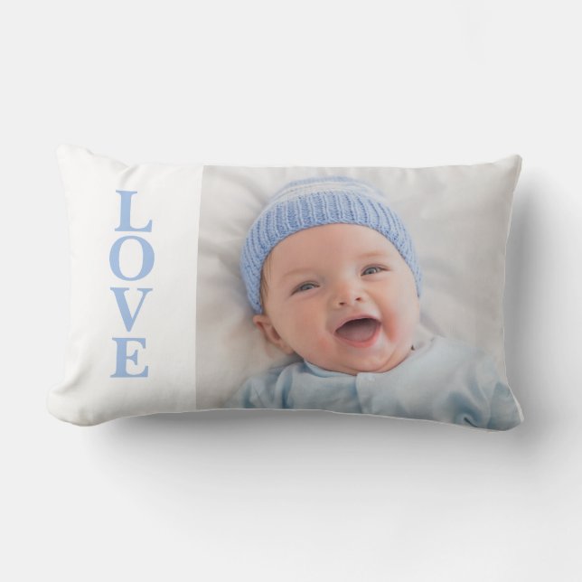 Liebe Foto Keepake Blue Typografie Lendenkissen (Vorderseite)