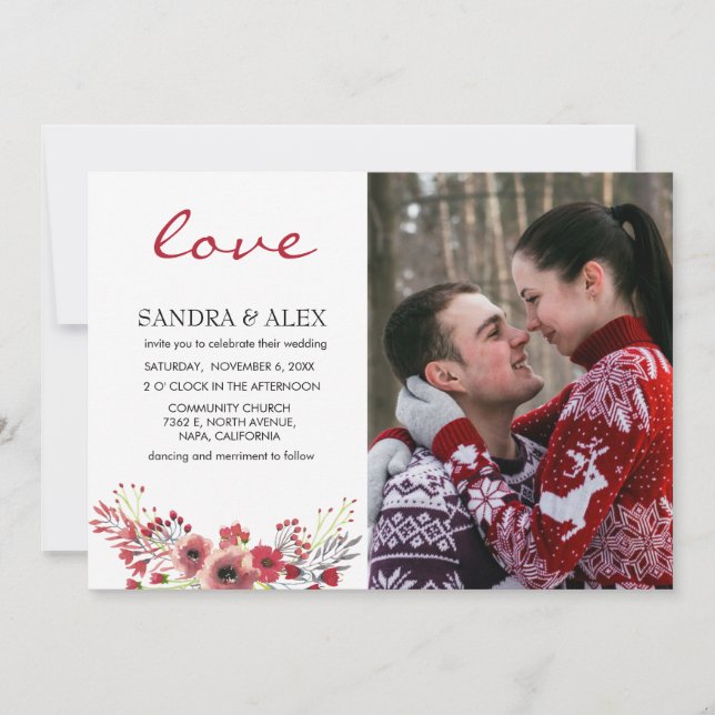 Liebe Foto Marsala Floral Hochzeitskarte Einladung (Vorderseite)