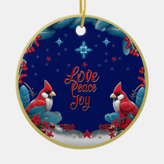 Liebe, Frieden, Freude: Kardinal Weihnachten Keramik Ornament (Vorne)