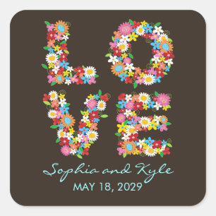 LIEBE Frühlingsblumen Garden Chic Hochzeitsticker Quadratischer Aufkleber