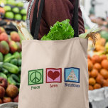 Liebe für Frieden Tragetasche<br><div class="desc">Peace Liebe Nutrition. Ein niedliches Ernährungsgeschenk für einen Diätetiker oder Diäten, der mit der Ernährungspyramide mit Gesundheit und Ernährung arbeitet.</div>