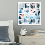 Liebe für Hochzeiten für Fotocollagen Leinwanddruck<br><div class="desc">Erstellen Sie eine Gedenktafel mit 11 Foto- und Pärchenbildern für die Neuvermählten. Das Design ist mit dem Titel LIEBE FOREVER und personalisiert mit den Namen der Braut und des Bräutigams und dem Hochzeitstermin in einer bearbeitbaren staubblauen Farbe vor einem vorgeschlagenen weißen Hintergrund. Die Textstile und -farben des Schriftartes können so...</div>