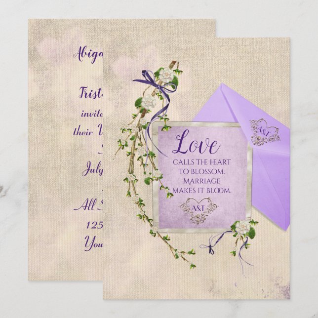 Liebe für Hochzeiten mit Blumenzweig Einladung (Vorne/Hinten)