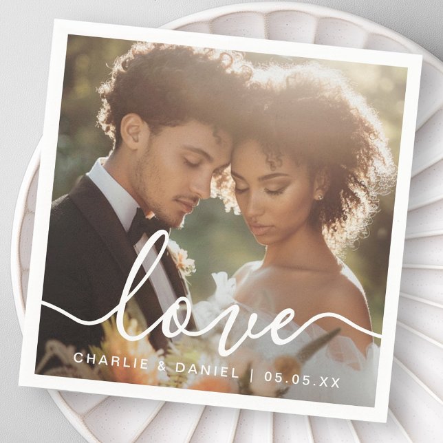 Liebe für Hochzeiten Verlobung Foto Serviette (Wedding engagement photo love couples names date napkins)