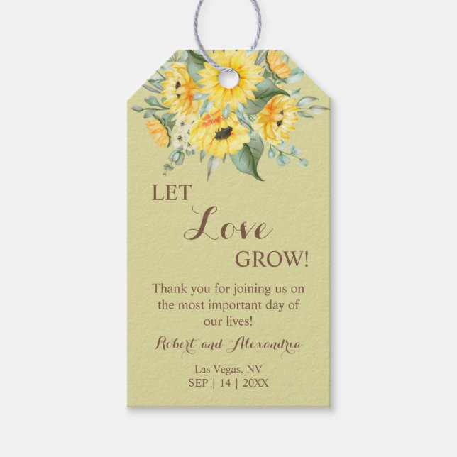 Liebe gelassen Sonnenblumen Gastgeschenk Hochzeit Geschenkanhänger (Vorderseite)