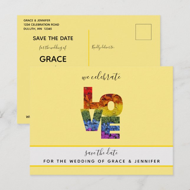 LIEBE Gelb Themed Same Hochzeit speichern Sie das  Postkarte (Vorne/Hinten)