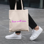 Liebe gewinnt | Neon Pink Modernes Minimalistische Tragetasche<br><div class="desc">Einfache,  stilvolle "Liebe gewinnt" Zitat-Tasche in modernem,  minimalistischem Schriftzeichen in heißen Neonfarben in einem modernen Stil. Der Slogan kann jederzeit durch Ihr personalisiertes Angebot für ein individuelles Geschenk oder Zubehör ersetzt werden!</div>