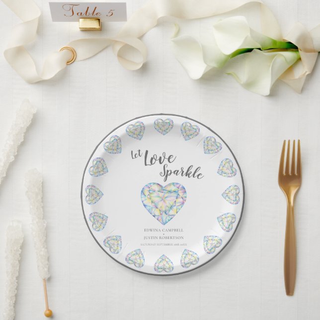 Liebe glänzen Diamantenherz Aquarellfarbenhochzeit Pappteller (Hochzeit)