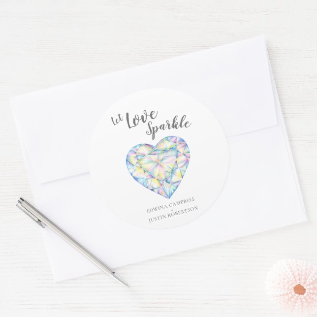 Liebe glänzen Diamantenherz Aquarellfarbenhochzeit Runder Aufkleber (Umschlag)
