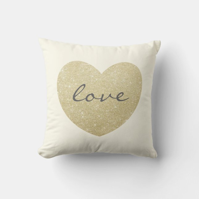 "Liebe" Glitzer Goldene Herzdruckschrift Kissen (Vorderseite)