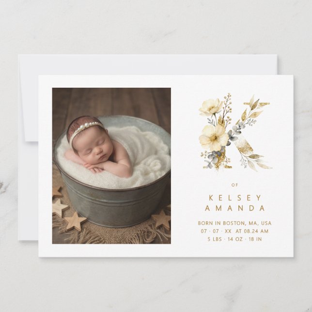 Liebe Gold K Initiale mit romantischem Blumendesig (Vorderseite)