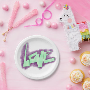 Liebe Graffiti lila grüne Minze Typografie Punkte Pappteller