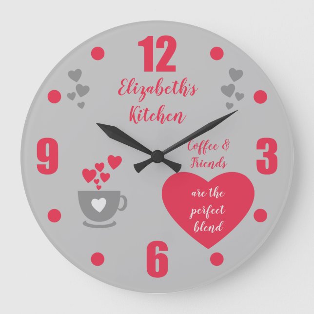 Liebe Grau und Rot Kaffee Tasse Herzen Küche Große Wanduhr (Vorderseite)
