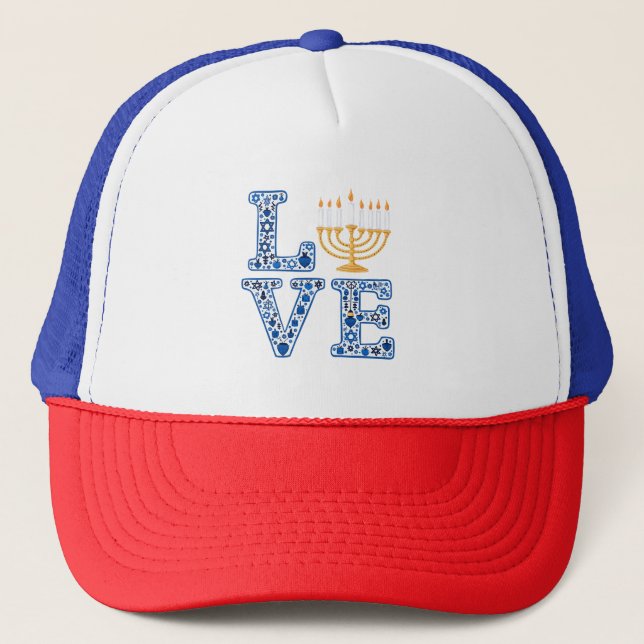 Liebe Hanukkah Jüdischer Urlaub Menorah Truckerkappe (Vorderseite)