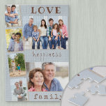 Liebe Happiness Family Blue Foto Strip Collage<br><div class="desc">Benutzerdefiniertes Foto Puzzle mit 6 eigenen Fotos. Die Foto Collage umfasst 2 Landschaftsbilder, 4 Portrait-Fotos, Set-Out Foto Strip Stil. Das Design hat eine schöne Formulierung, vor allem als Geschenk für die Familie, die liest .. Liebe glückliche Familie .. in trendy Schreibmaschine Stil und sonderbare Typografie. Das Puzzle hat eine Hintergrundfarbenpalette...</div>