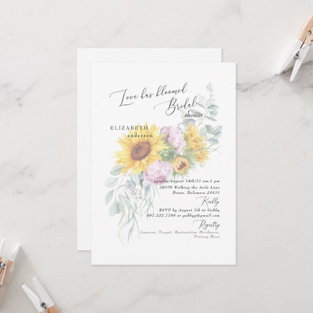 Liebe hat Sonnenblumen Peony Brautparty Inv Einladung (Vorderseite/Rückseite Beispiel)