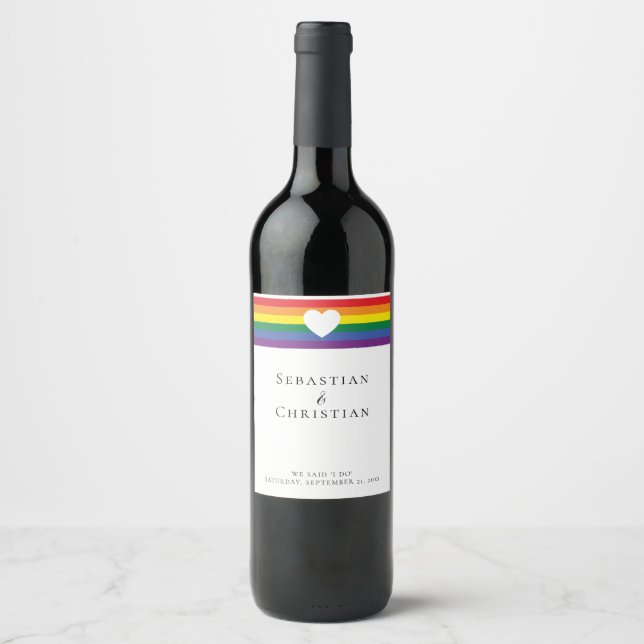Liebe Heart and Rainbow Gay Wedding Weinetikett (Vorderseite)