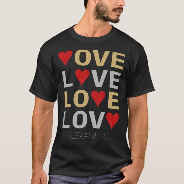 Liebe Heart Red Gold Silver Glitzer Individuelle N T-Shirt (Vorderseite)