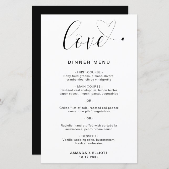 Liebe Heart Simple Modern Wedding Menu (Vorne/Hinten)