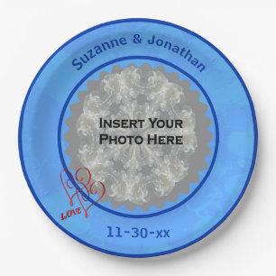 Liebe Hearts Blue Personalisiert Wedding Foto Pappteller