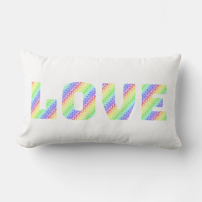 LIEBE & HEILUNG: Zweiseitiger Regenbogen-Affirmati Lendenkissen (Vorderseite)