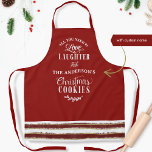 Liebe, Heiterkeit und Weihnachtskekse und Streifen Schürze<br><div class="desc">Attraktive Feiertage-Schürze mit dem lustigen Satz "Alles was Sie brauchen ist Liebe,  Lachen und - Ihr Name/Familienname/Firmenname- Weihnachtskost" in einer Mischung aus handgeschriebener Kalligraphie und Blocktypografie. Unten mit festem Streifen Muster in rot,  gold und weiß. Koordination von Cookie-Swap-Party Einladungen,  Cookie-Dekorieren von Party Einladungen sowie Weihnachtsbäckermarken.</div>