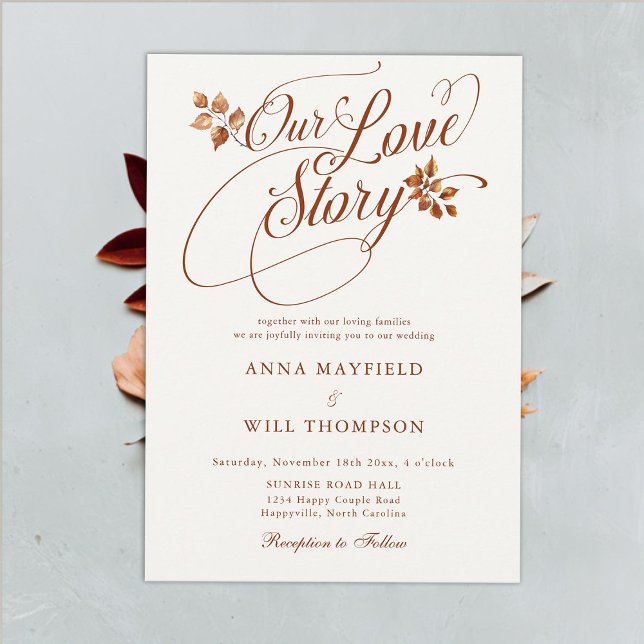 Liebe Herbst-Geschichte Romantische Kalligrafie Ho Einladung (fall leaves love story romantic calligraphy wedding invitation rustic elegant modern classic simple)
