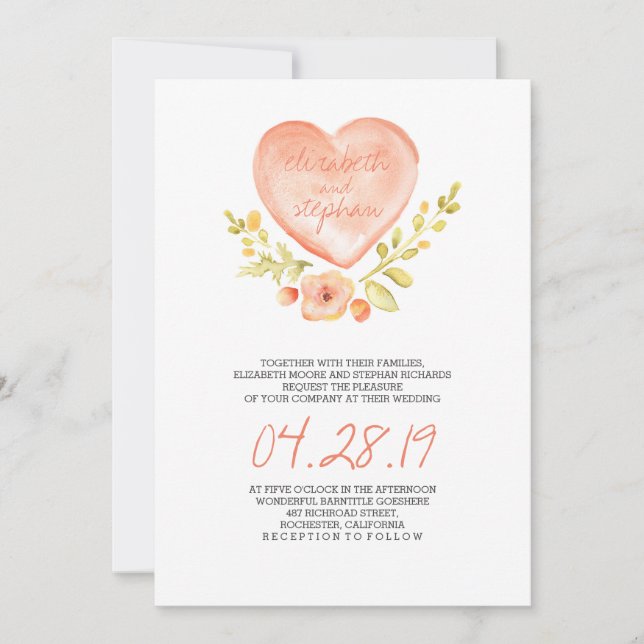 Liebe Herz Blume Aquarellfarben Hochzeitseinladung Einladung (Vorderseite)